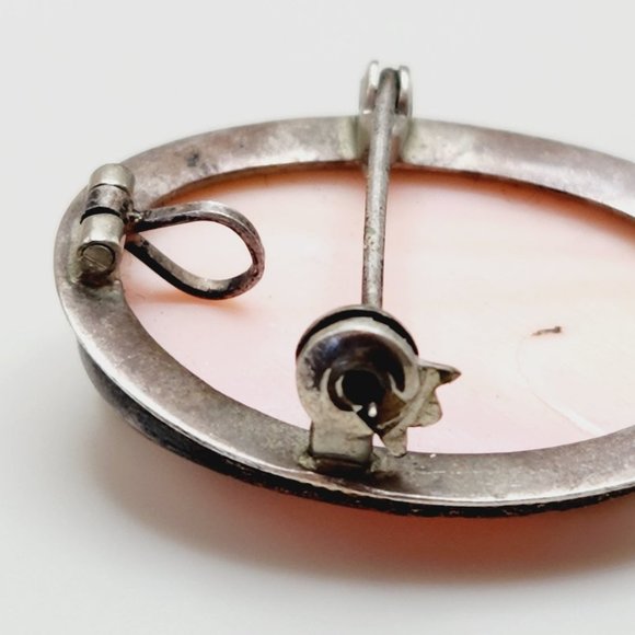 Antique Pink Shell Carved Cameo Gold and 900 Silver Oval Brooch Pendant - Picture 7 of 10